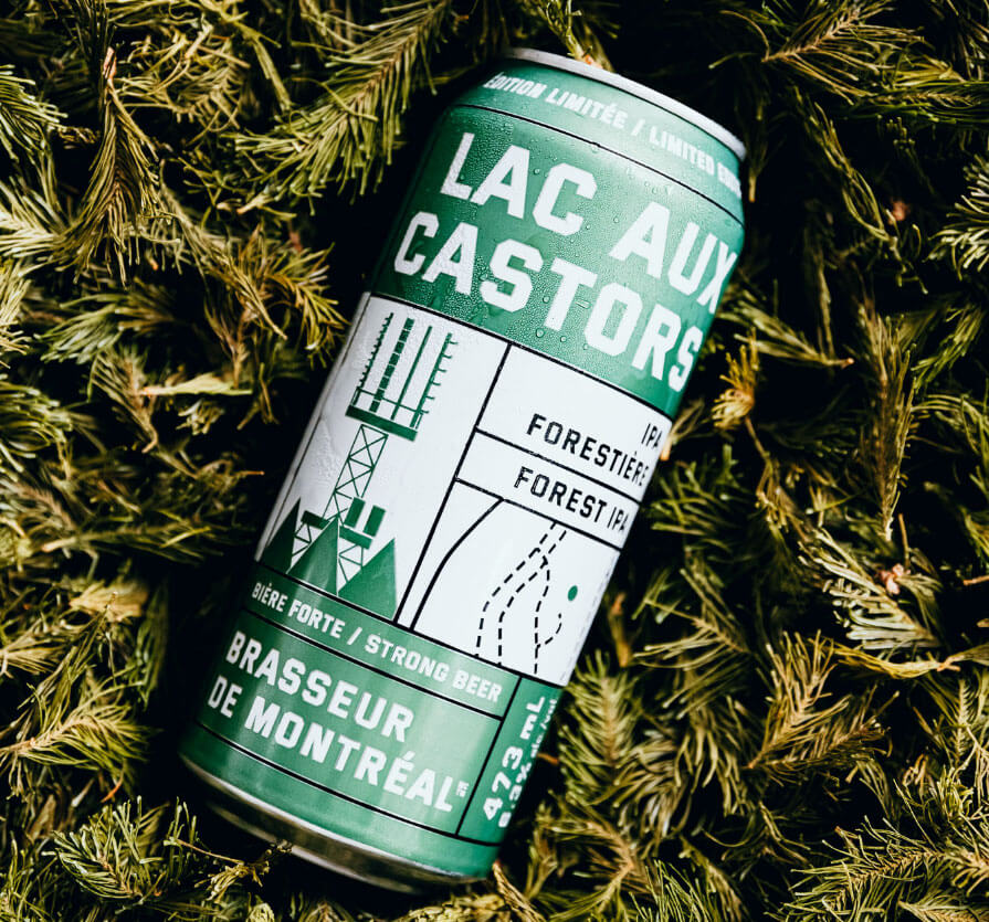 Green “Lac aux Castors IPA” beer can lying on pine needles